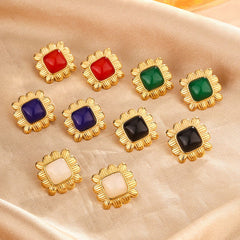 Wholesale 1 Pair Elegant Vintage Style Commute Square Argyle Frill Inlay 304 Stainless Steel Resin 18K Gold Plated Ear Studs - coojewelry