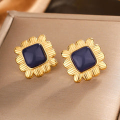 Wholesale 1 Pair Elegant Vintage Style Commute Square Argyle Frill Inlay 304 Stainless Steel Resin 18K Gold Plated Ear Studs - coojewelry