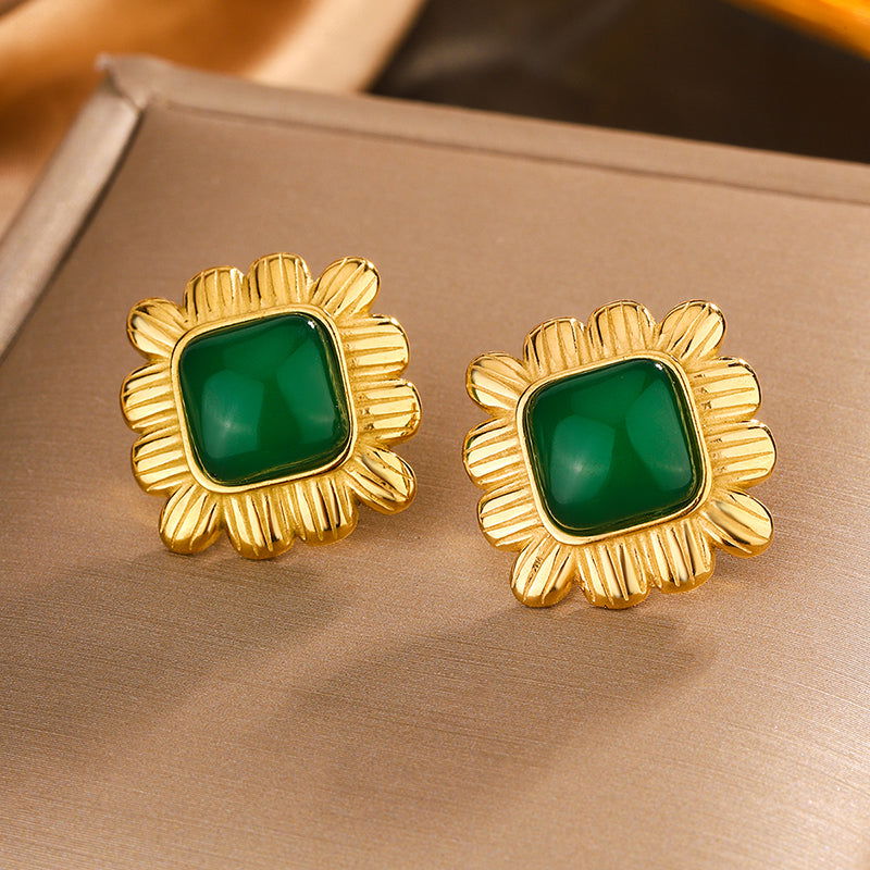 Wholesale 1 Pair Elegant Vintage Style Commute Square Argyle Frill Inlay 304 Stainless Steel Resin 18K Gold Plated Ear Studs - coojewelry