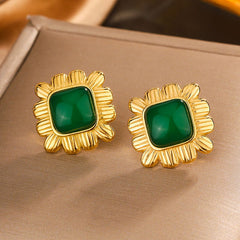 Wholesale 1 Pair Elegant Vintage Style Commute Square Argyle Frill Inlay 304 Stainless Steel Resin 18K Gold Plated Ear Studs - coojewelry