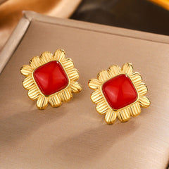 Wholesale 1 Pair Elegant Vintage Style Commute Square Argyle Frill Inlay 304 Stainless Steel Resin 18K Gold Plated Ear Studs - coojewelry