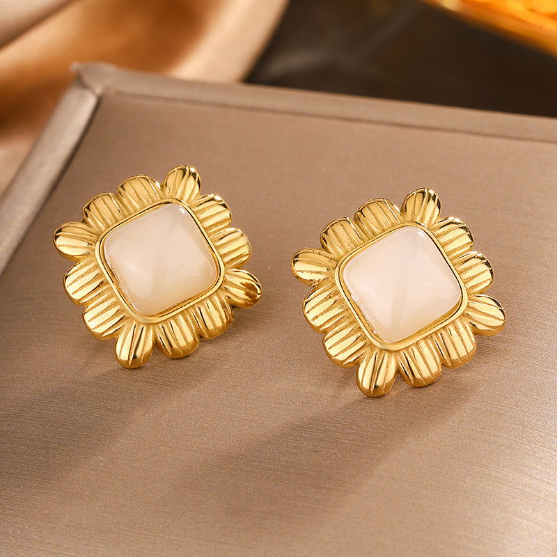 Wholesale 1 Pair Elegant Vintage Style Commute Square Argyle Frill Inlay 304 Stainless Steel Resin 18K Gold Plated Ear Studs - coojewelry