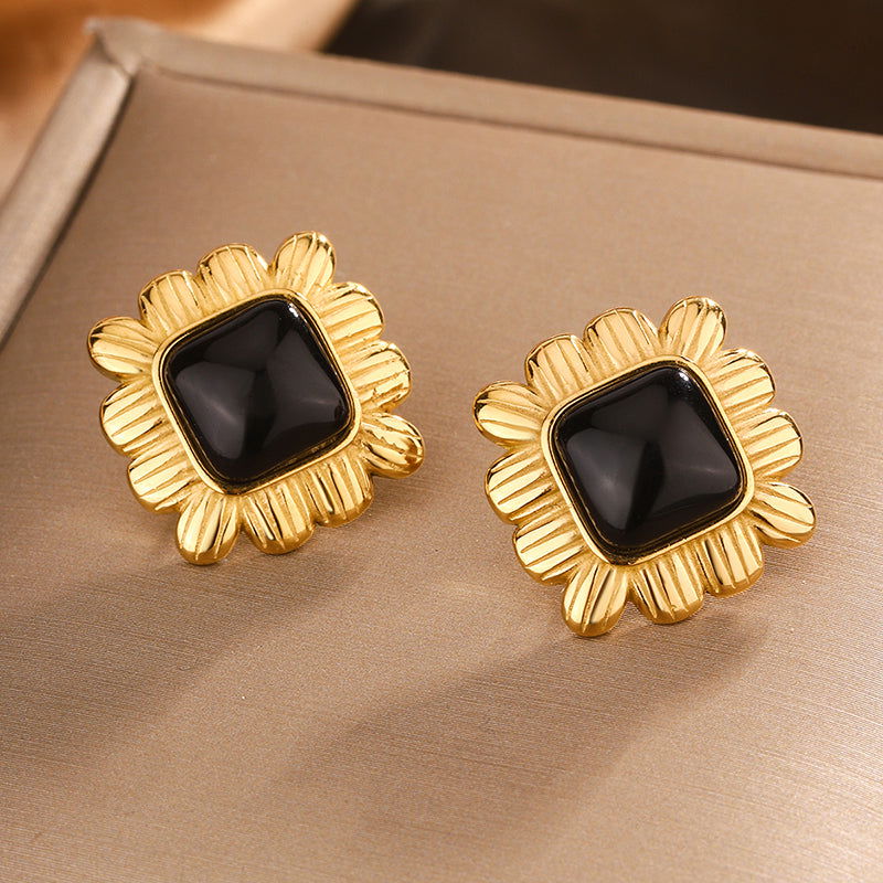 Wholesale 1 Pair Elegant Vintage Style Commute Square Argyle Frill Inlay 304 Stainless Steel Resin 18K Gold Plated Ear Studs - coojewelry