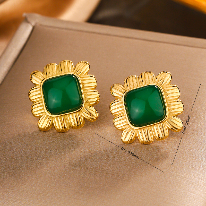 Wholesale 1 Pair Elegant Vintage Style Commute Square Argyle Frill Inlay 304 Stainless Steel Resin 18K Gold Plated Ear Studs - coojewelry