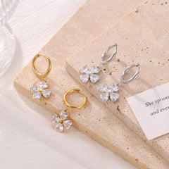 Wholesale 1 Pair Elegant Vintage Style Sweet Flower Inlay 304 Stainless Steel Zircon White Gold Plated Gold Plated Drop Earrings - coojewelry