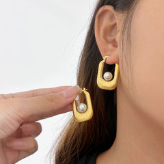 Wholesale 1 Pair Exaggerated Simple Style U Shape Inlay 304 Stainless Steel Plastic Pearl 18K Gold Plated Hoop Earrings - coojewelry