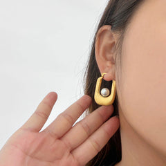 Wholesale 1 Pair Exaggerated Simple Style U Shape Inlay 304 Stainless Steel Plastic Pearl 18K Gold Plated Hoop Earrings - coojewelry