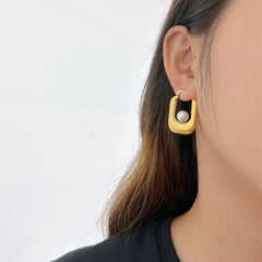 Wholesale 1 Pair Exaggerated Simple Style U Shape Inlay 304 Stainless Steel Plastic Pearl 18K Gold Plated Hoop Earrings - coojewelry