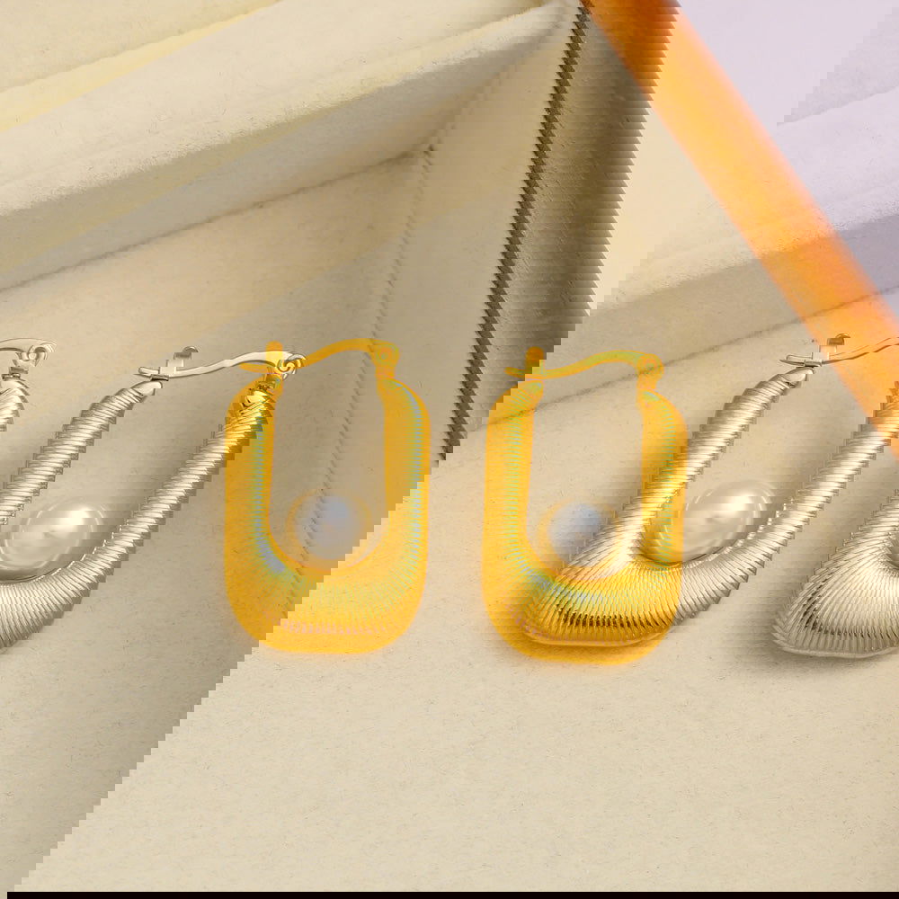 Wholesale 1 Pair Exaggerated Simple Style U Shape Inlay 304 Stainless Steel Plastic Pearl 18K Gold Plated Hoop Earrings - coojewelry