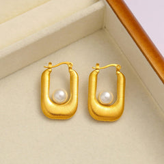 Wholesale 1 Pair Exaggerated Simple Style U Shape Inlay 304 Stainless Steel Plastic Pearl 18K Gold Plated Hoop Earrings - coojewelry