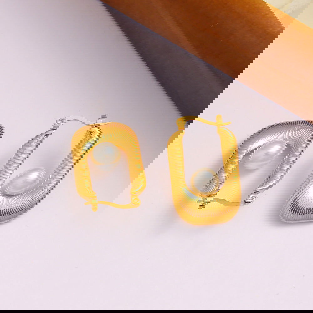 Wholesale 1 Pair Exaggerated Simple Style U Shape Inlay 304 Stainless Steel Plastic Pearl 18K Gold Plated Hoop Earrings - coojewelry