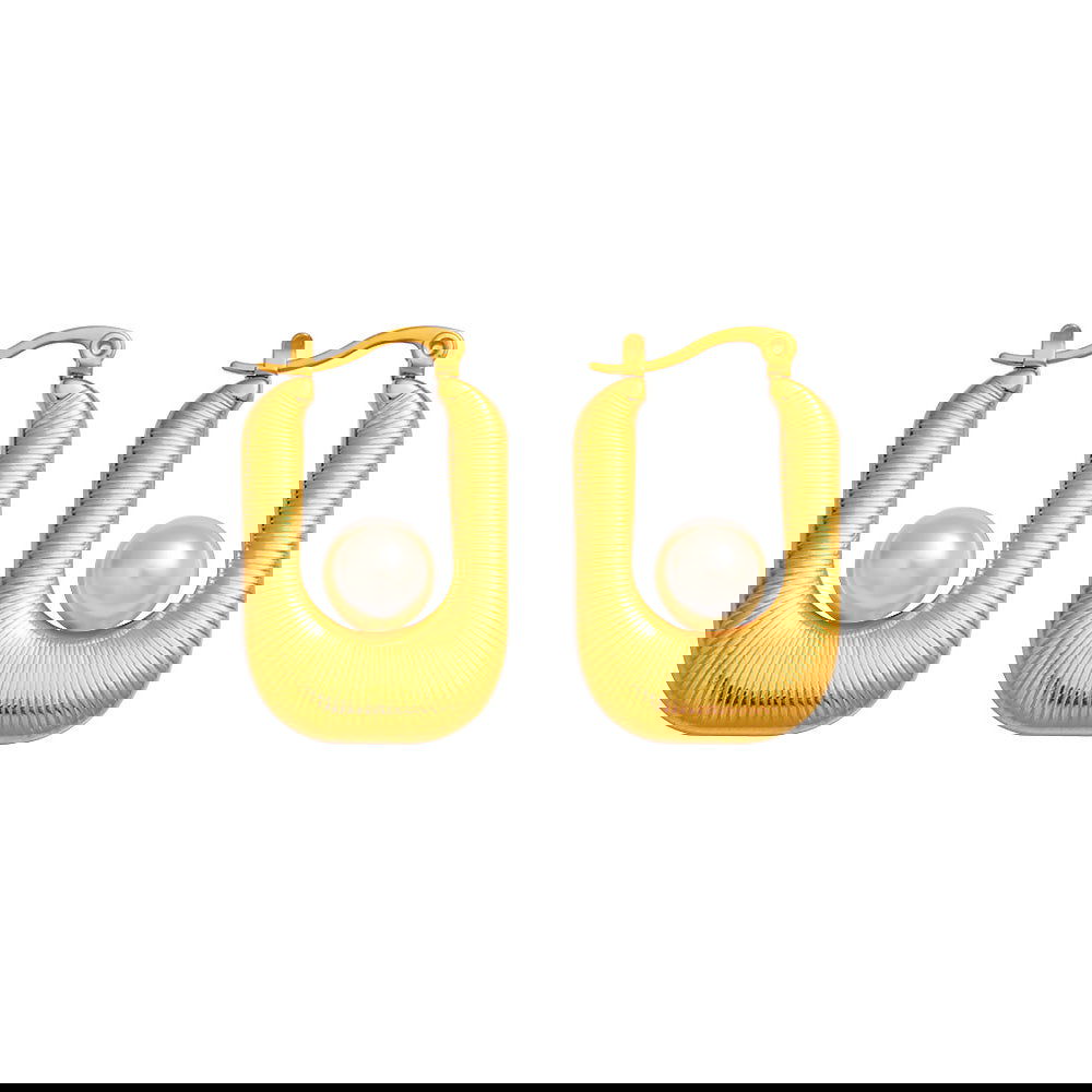 Wholesale 1 Pair Exaggerated Simple Style U Shape Inlay 304 Stainless Steel Plastic Pearl 18K Gold Plated Hoop Earrings - coojewelry