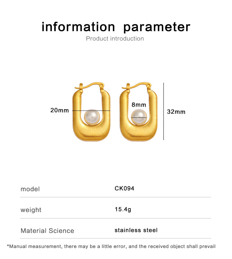 Wholesale 1 Pair Exaggerated Simple Style U Shape Inlay 304 Stainless Steel Plastic Pearl 18K Gold Plated Hoop Earrings - coojewelry