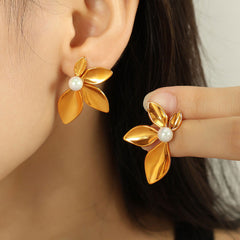 Wholesale 1 Pair IG Style Exaggerated Luxurious Petal Polishing Inlay 304 Stainless Steel Glass Stone Tiger Eye 18K Gold Plated Ear Studs - coojewelry