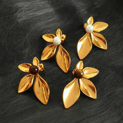 Wholesale 1 Pair IG Style Exaggerated Luxurious Petal Polishing Inlay 304 Stainless Steel Glass Stone Tiger Eye 18K Gold Plated Ear Studs - coojewelry