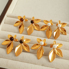 Wholesale 1 Pair IG Style Exaggerated Luxurious Petal Polishing Inlay 304 Stainless Steel Glass Stone Tiger Eye 18K Gold Plated Ear Studs - coojewelry