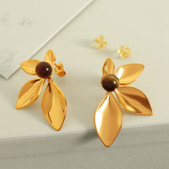 Wholesale 1 Pair IG Style Exaggerated Luxurious Petal Polishing Inlay 304 Stainless Steel Glass Stone Tiger Eye 18K Gold Plated Ear Studs - coojewelry