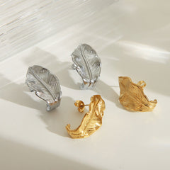 Wholesale 1 Pair IG Style Simple Leaf 304 Stainless Steel 18K Gold Plated Ear Studs - coojewelry