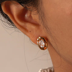 Wholesale 1 Pair IG Style Simple Shiny Oval Inlay 201 Stainless Steel Zircon Ear Studs - coojewelry