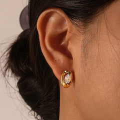 Wholesale 1 Pair IG Style Simple Shiny Oval Inlay 201 Stainless Steel Zircon Ear Studs - coojewelry