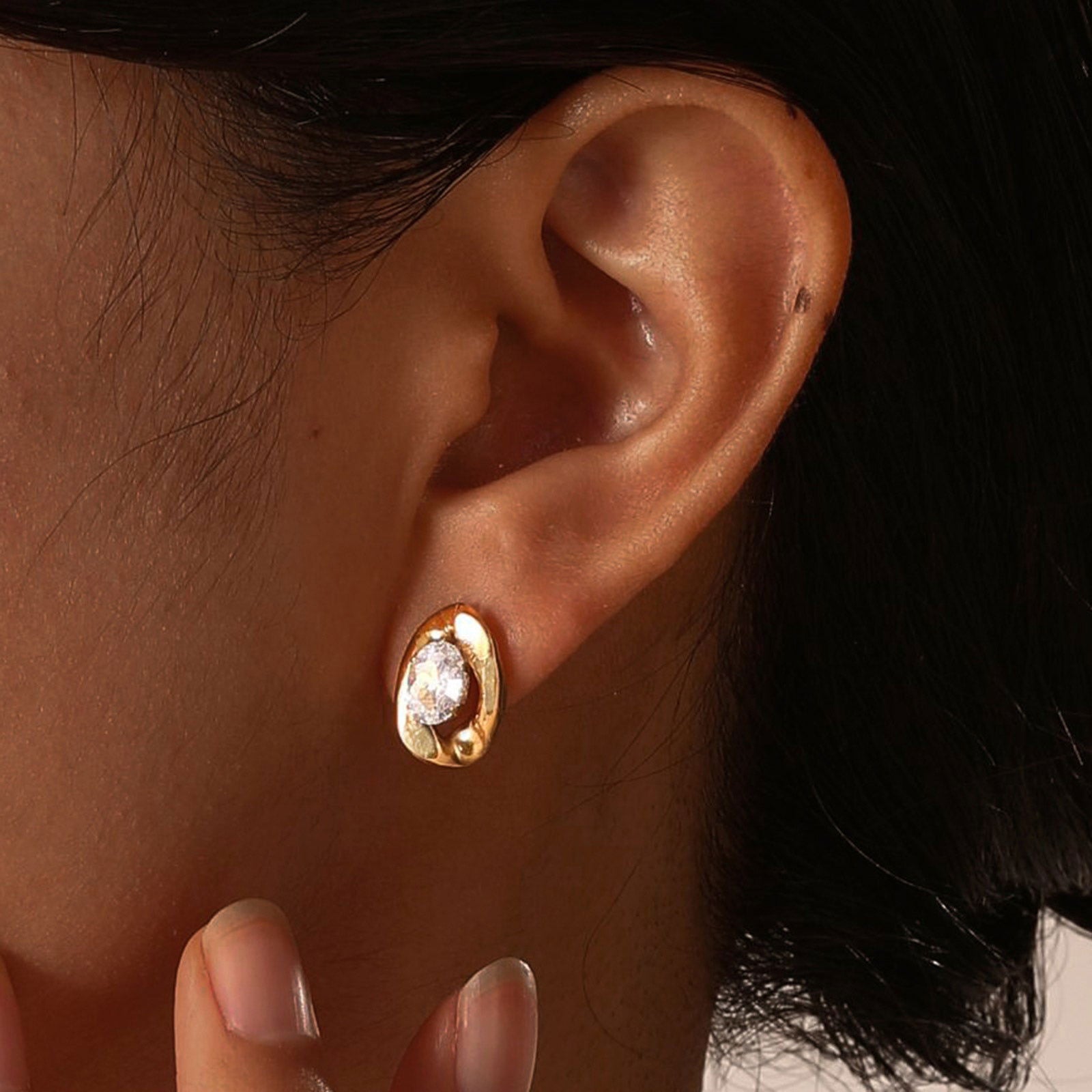 Wholesale 1 Pair IG Style Simple Shiny Oval Inlay 201 Stainless Steel Zircon Ear Studs - coojewelry