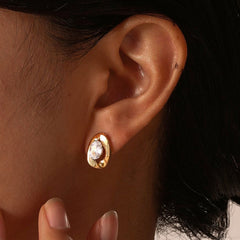 Wholesale 1 Pair IG Style Simple Shiny Oval Inlay 201 Stainless Steel Zircon Ear Studs - coojewelry