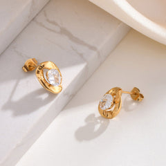 Wholesale 1 Pair IG Style Simple Shiny Oval Inlay 201 Stainless Steel Zircon Ear Studs - coojewelry