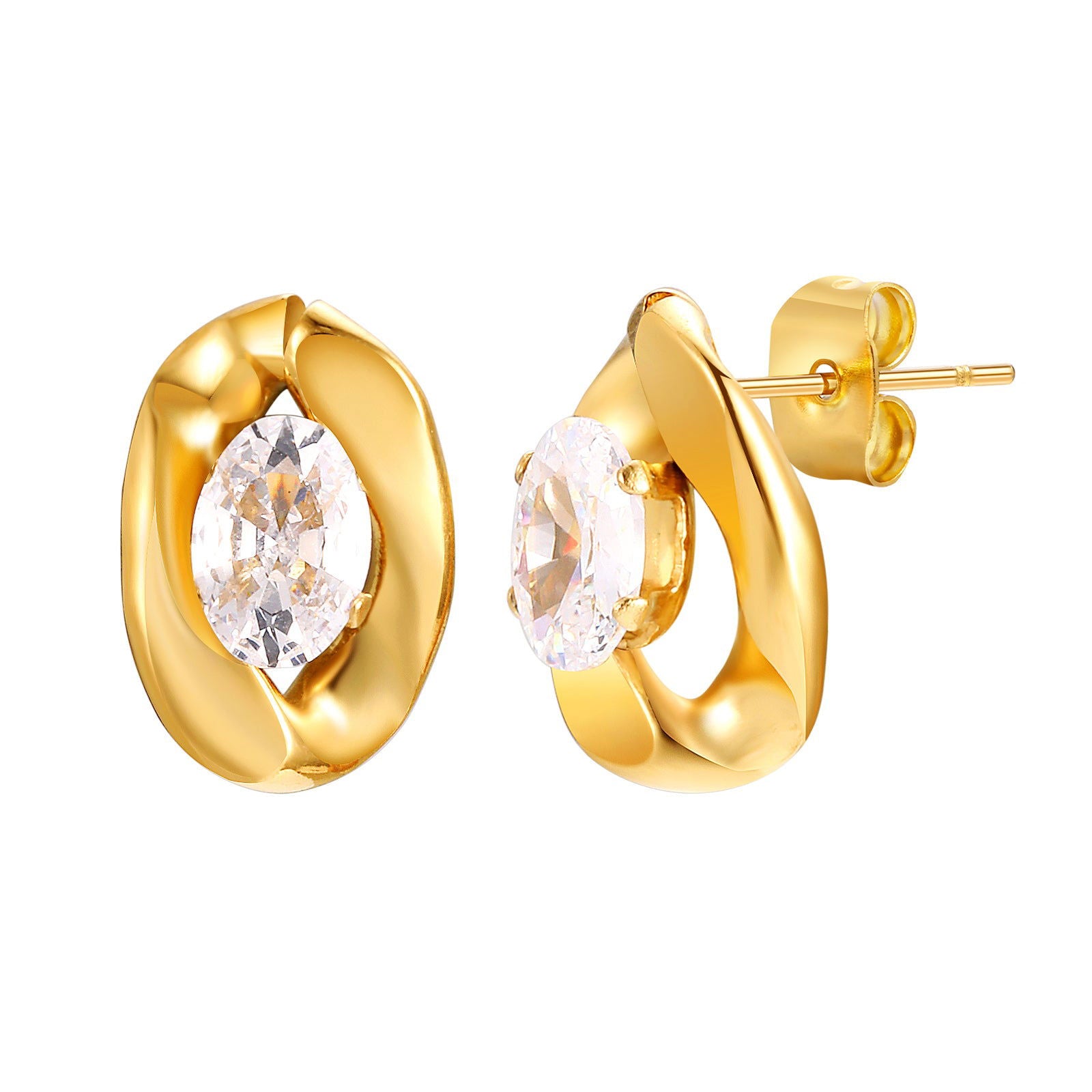 Wholesale 1 Pair IG Style Simple Shiny Oval Inlay 201 Stainless Steel Zircon Ear Studs - coojewelry
