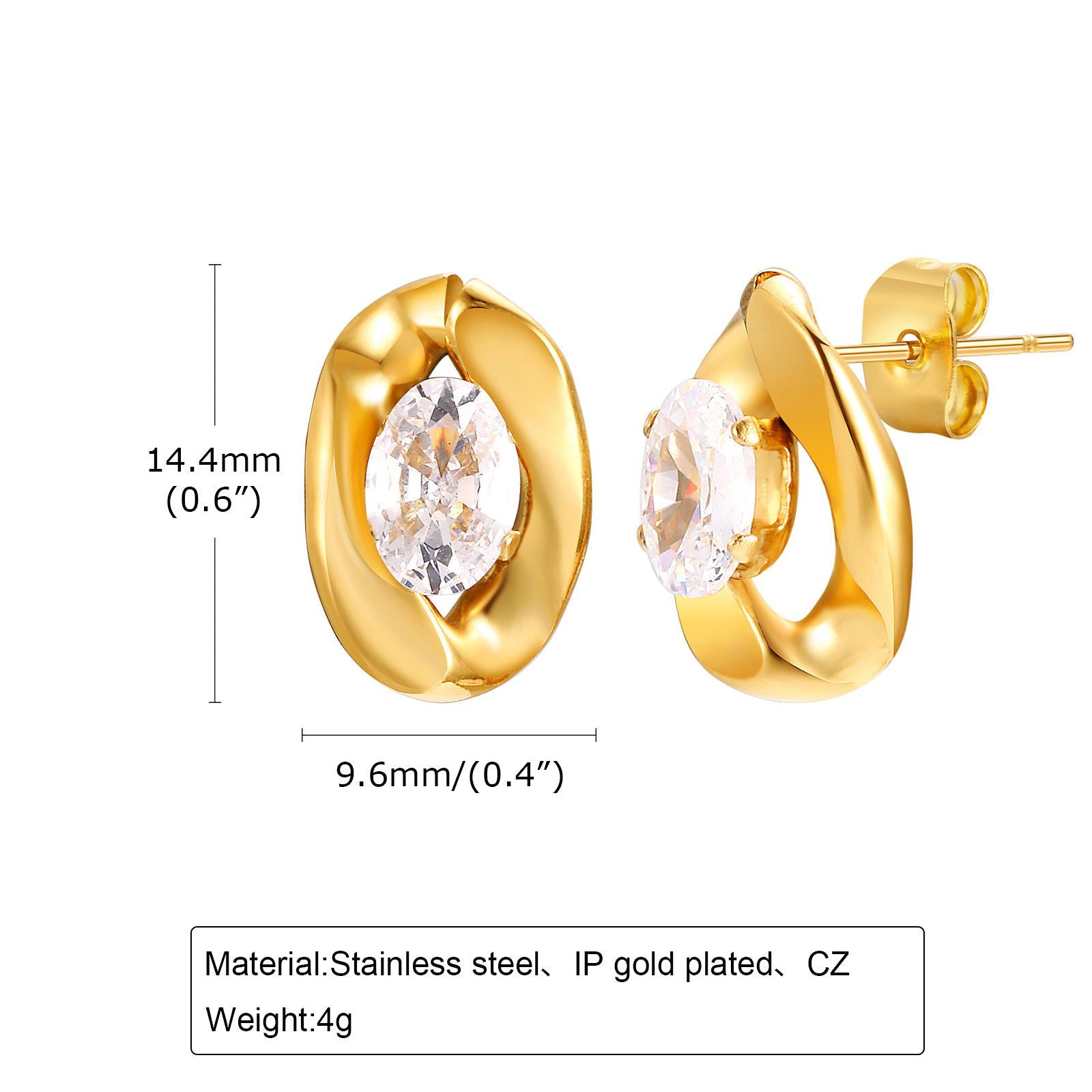 Wholesale 1 Pair IG Style Simple Shiny Oval Inlay 201 Stainless Steel Zircon Ear Studs - coojewelry