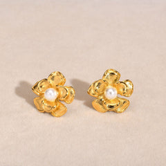 Wholesale 1 Pair IG Style Sweet Flower Inlay 201 Stainless Steel Artificial Pearls 18K Gold Plated Ear Studs - coojewelry