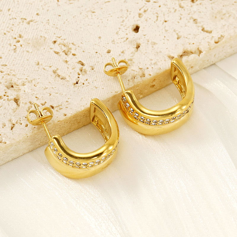 Wholesale 1 Pair Simple Classic Style C Shape Plating Inlay 304 Stainless Steel Rhinestones 18K Gold Plated Ear Studs - coojewelry