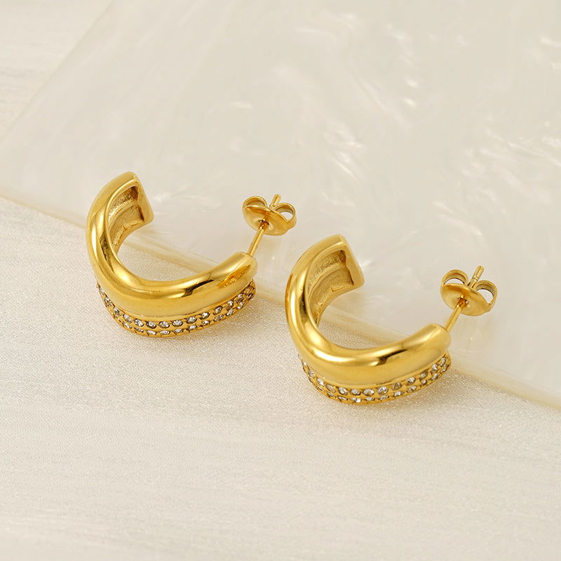 Wholesale 1 Pair Simple Classic Style C Shape Plating Inlay 304 Stainless Steel Rhinestones 18K Gold Plated Ear Studs - coojewelry