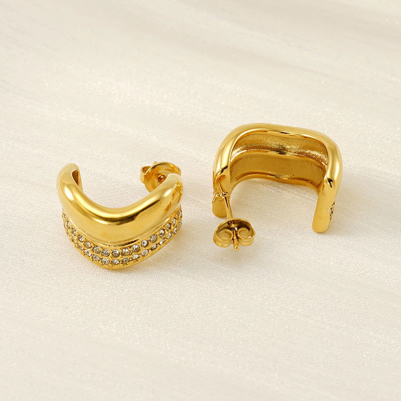 Wholesale 1 Pair Simple Classic Style C Shape Plating Inlay 304 Stainless Steel Rhinestones 18K Gold Plated Ear Studs - coojewelry