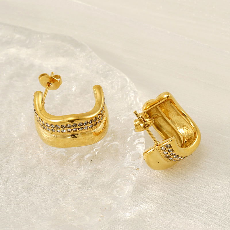 Wholesale 1 Pair Simple Classic Style C Shape Plating Inlay 304 Stainless Steel Rhinestones 18K Gold Plated Ear Studs - coojewelry