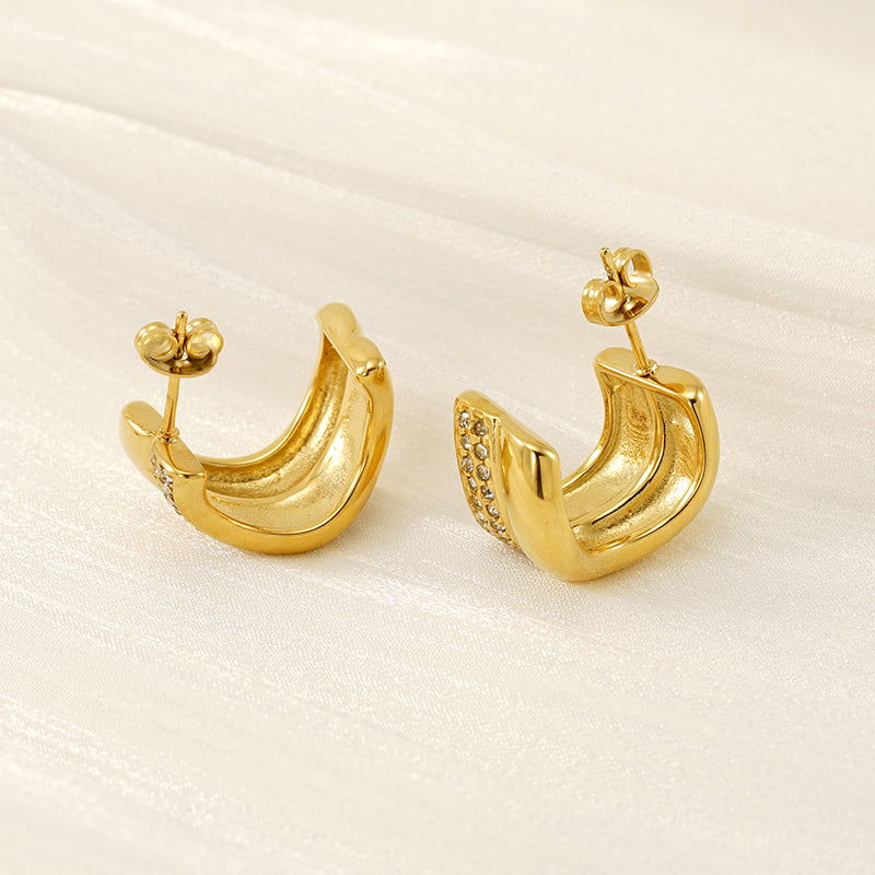 Wholesale 1 Pair Simple Classic Style C Shape Plating Inlay 304 Stainless Steel Rhinestones 18K Gold Plated Ear Studs - coojewelry