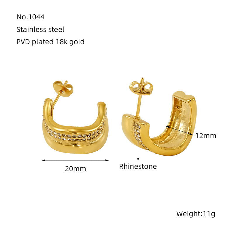 Wholesale 1 Pair Simple Classic Style C Shape Plating Inlay 304 Stainless Steel Rhinestones 18K Gold Plated Ear Studs - coojewelry