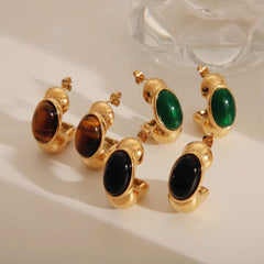 Wholesale 1 Pair Vintage Classic Style C Shape Plating Inlay 304 Stainless Steel Acrylic Natural Stone Tiger Eye 18K Gold Plated Ear Studs - coojewelry