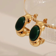 Wholesale 1 Pair Vintage Classic Style C Shape Plating Inlay 304 Stainless Steel Acrylic Natural Stone Tiger Eye 18K Gold Plated Ear Studs - coojewelry