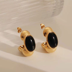 Wholesale 1 Pair Vintage Classic Style C Shape Plating Inlay 304 Stainless Steel Acrylic Natural Stone Tiger Eye 18K Gold Plated Ear Studs - coojewelry