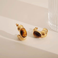 Wholesale 1 Pair Vintage Classic Style C Shape Plating Inlay 304 Stainless Steel Acrylic Natural Stone Tiger Eye 18K Gold Plated Ear Studs - coojewelry