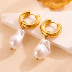 Wholesale 1 Pair Vintage Style Simple Geometric Plating Inlay Titanium Steel Artificial Pearls 18K Gold Plated Drop Earrings - coojewelry