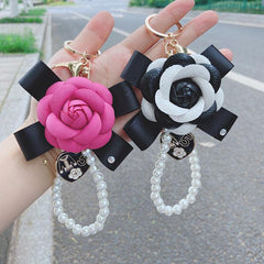 Wholesale 1 Piece Fashion Heart Shape Flower PU Leather Imitation Pearl Women's Bag Pendant Keychain - coojewelry