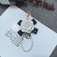 Wholesale 1 Piece Fashion Heart Shape Flower PU Leather Imitation Pearl Women's Bag Pendant Keychain - coojewelry