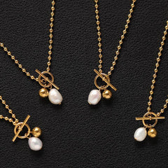 Wholesale 304 Stainless Steel 18K Gold Plated IG Style Simple Style Toggle Pearl Geometric Pendant Necklace - coojewelry