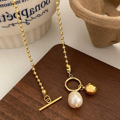 Wholesale 304 Stainless Steel 18K Gold Plated IG Style Simple Style Toggle Pearl Geometric Pendant Necklace - coojewelry
