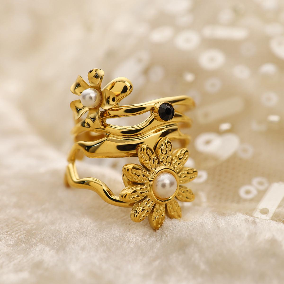 Wholesale 304 Stainless Steel 18K Gold Plated Retro Simple Style Plating Inlay Petal Artificial Pearls Zircon Rings - coojewelry