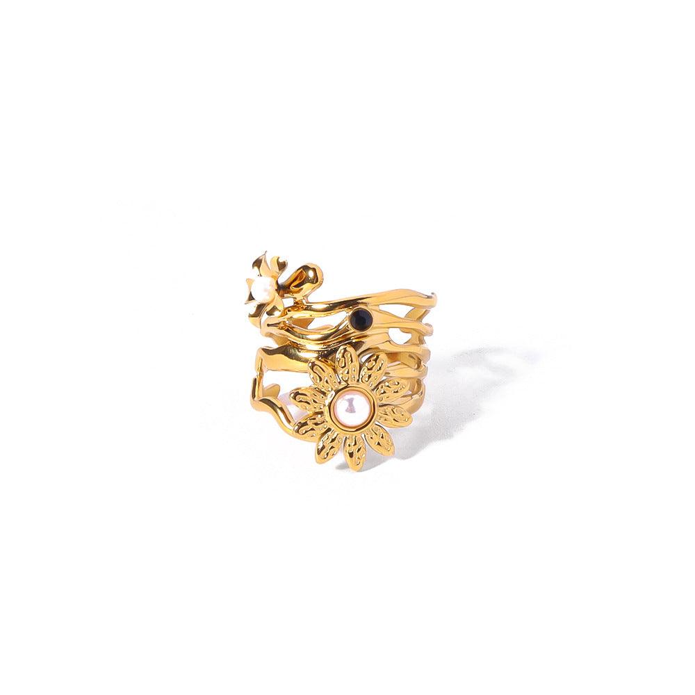 Wholesale 304 Stainless Steel 18K Gold Plated Retro Simple Style Plating Inlay Petal Artificial Pearls Zircon Rings - coojewelry
