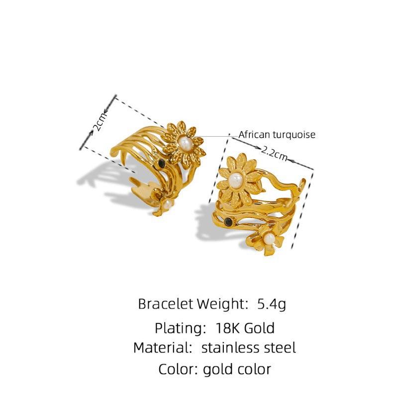 Wholesale 304 Stainless Steel 18K Gold Plated Retro Simple Style Plating Inlay Petal Artificial Pearls Zircon Rings - coojewelry