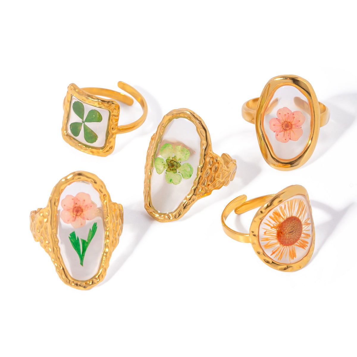 Wholesale 304 Stainless Steel 18K Gold Plated Sweet Artistic Flower Open Rings - coojewelry