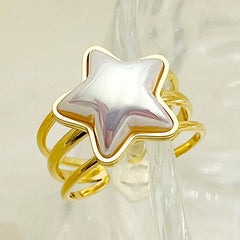 Wholesale 304 Stainless Steel Gold Plated Elegant Cute Plating Inlay Star Shell Open Rings - coojewelry